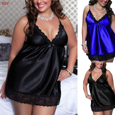 KLV Womens Sexy Plus Size Lace Patchwork Nightgown Lingerie Sleepwear Solid Color