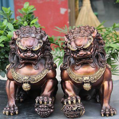 A Pair Medicine old 12" Chinese BRASS Gilt Guardian Foo Fu Dog Hold Ball Door Lion Kid Statue 2pcs Garden Decoration BRASS
