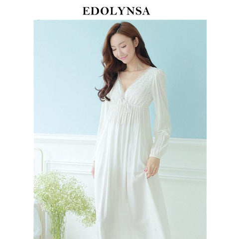 Autumn Vintage Nightgowns V-neck Ladies Dresses Princess White Sexy Sleepwear Solid Lace Home Dress Comfortable Nightdress #H13