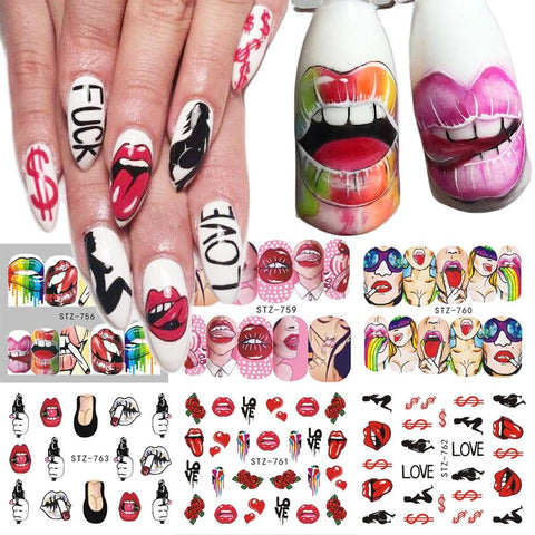 1pcs Nail Stickers Sexy Lips Cool Girl Water Decals Wraps Cartoon Sliders For Nail Decoration Manicure Colorful Tip BESTZ756-763