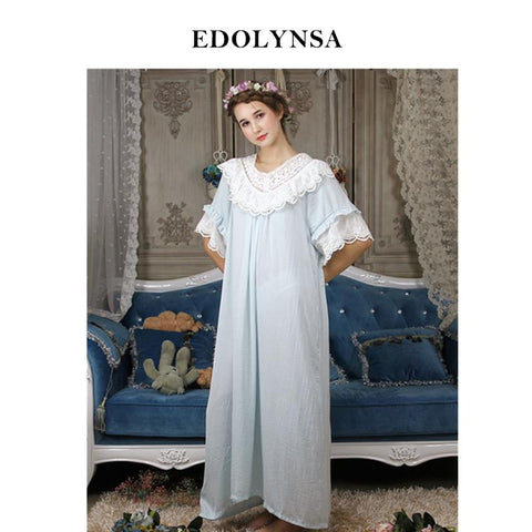 Vintage Nightgown Women Autumn Sleepwear Plus Size White Ruffle Lace Patchwork Home Dress Victorian Cotton Nighwear Dress H702