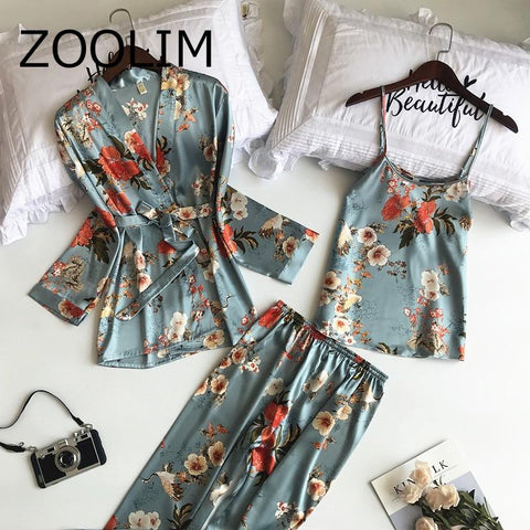 ZOOLIM 2018 New 3 PCS Women Pajamas Sets with Pants Sexy Pyjama Satin Flower Print Nightwear Silk Negligee Sleepwear Pyjama