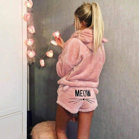 Cute Pajama Sets For Women Winter Hooded Sleepwear Flannel 2 Pcs Pyjama Suits Femme Cartoon Cat Pijama Feminino Plus Size 5XL