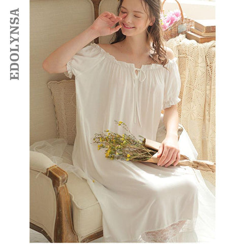 Women Lingerie Sexy Off Shoulder Sleepwear Plus Size White Cotton Short Sleeve Loose Long Home Dress Vintage Nightgown T48