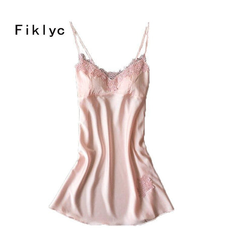 Fiklyc brand women's lace hollow out sexy nightgowns and sleepshirts high grade bra padded nightwear satin mini nightdress HOT