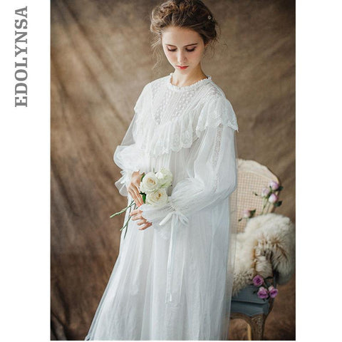 Women Ladies Victorian Style Long Sleeve Vintage White Solid Lace Nightgown Plus Size Sleepwear Lingerie Dress Plus Size T26