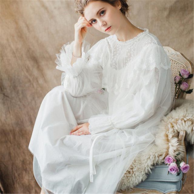 white lace cotton dress plus size Women Ladies Victorian Style Long Sleeve Vintage White Solid Lace Nigh –  basicutensils