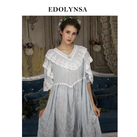 Sleep Lounge Autumn Women Sleepwear Robe Light Blue Lace Night Dress Ruffle Patchwork Sleep Shirt Vintage Palace Nightgown H695