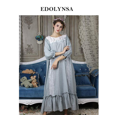 Vintage Sleepwear Victorian Appliques Lace Pink Plaid Ruffle Home Dress Long Nightgown Autumn Cotton Nightdress For Women H693