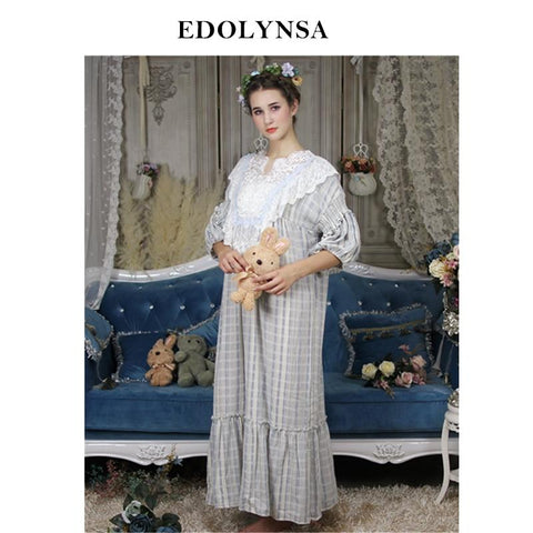 Vintage Nightgowns Sleepshirts Victorian Sleepwear Robe Plaid Night Dress Medieval Lace Nightdress Women Clothes Plus Size H692
