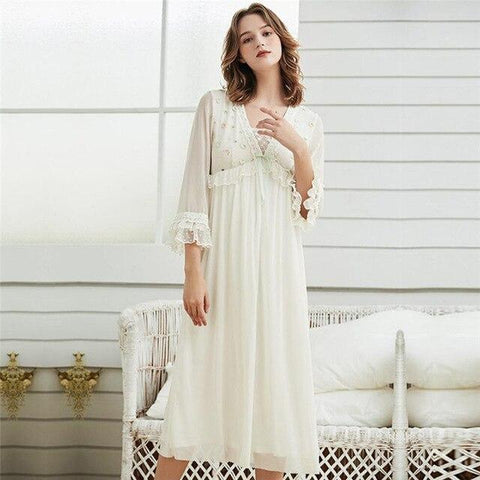 Vintage Draped Shawl Collar Lace Flare Sleeve Lining Midi Night Dress Elegant Sleepwear Women Home Wear Silk Long Nightgown H774