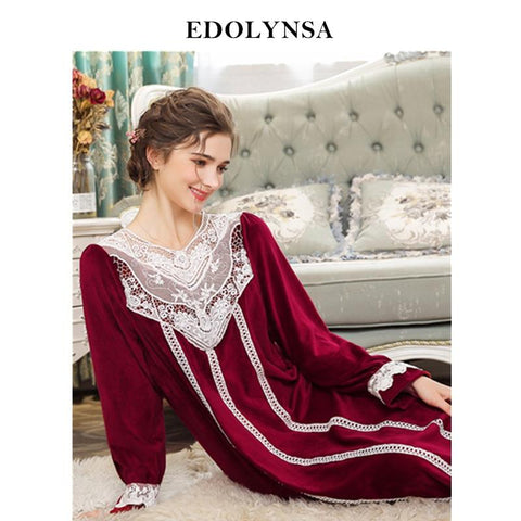 Luxury Vintage Nightgown Victorian Sleepwear Autumn Winter Velvet Nightwear Elegant Lace Night Dress Plus Size Sleepshirt H757