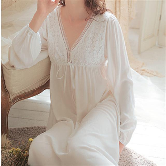 STJDM Nightgown,Sexy V Neck Vintage Women Lace Backless Night Dress Cotton  Robe Sleepwear Nightwear L White
