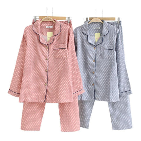 Simple Polka Dot Spring pajamas sets women 100% cotton casual sleepwear long sleeve quality pyjamas women homewear