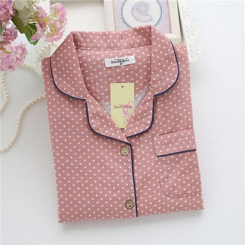 Simple Polka Dot Spring pajamas sets women 100% cotton casual sleepwear long sleeve quality pyjamas women homewear