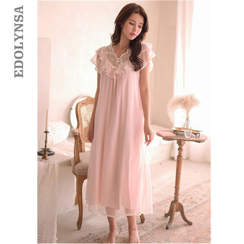 Vintage Sleep Lounge Butterfly Sleeve Laced Ruffle Night Dress Summer Autumn Sleepwear Cotton Organza Loose Long Nightdress T130