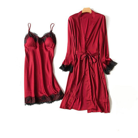 Pajamas Set Robe Hot Winter Sexy Lace Nightgowns Women Bathrobe Nighties Dress Long Sleeve Blouse Female Sleepwear Pijama