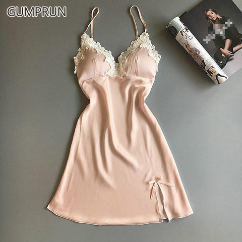 GUMPRUN 2019 Women Sexy Silk Satin Nightgown Sleeveless Nightdress V-neck Summer Lace Sexy Sleepwear Cozy Sling Lingerie