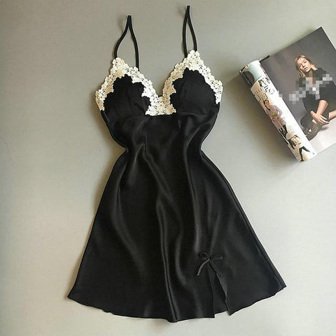 GUMPRUN 2019 Women Sexy Silk Satin Nightgown Sleeveless Nightdress V-neck Summer Lace Sexy Sleepwear Cozy Sling Lingerie