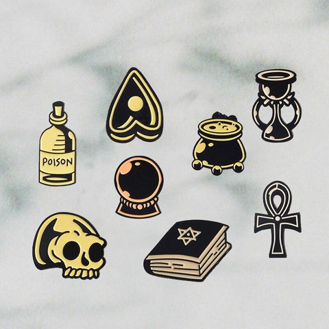 Gothic Dark Skull Crystal Ball Magic Book Medical Medicine Stove Heart Cross Time Hourglass Witch Magic Stick Badge Brooch Pins