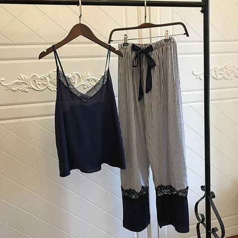 Sleepwear Female Sexy Lace Elegant Satin Pajamas 2019 Spring Autumn Women Silk Pijama Sets High Quality Vest+Long Pants 2Pieces