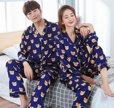New Arrivals 2018 Lovers Pyjamas Women Silk Satin Pajama Sets Cartoon Bear Couple Pajamas For Women Sleepwear Sets Pijama Mujer