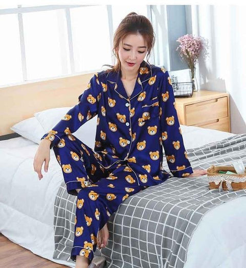 New Arrivals 2018 Lovers Pyjamas Women Silk Satin Pajama Sets Cartoon Bear Couple Pajamas For Women Sleepwear Sets Pijama Mujer