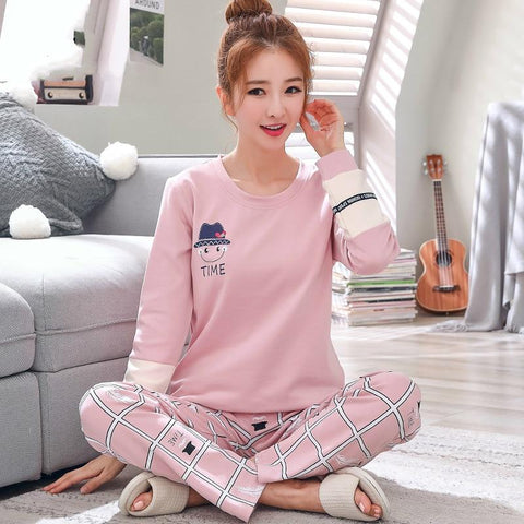 2019 Sleep Lounge Pajama Long Sleeve Top + Long Pant Woman Pajama Set Cartoon Pyjamas Cotton Sleepwear For Women M L XL XXL XXXL