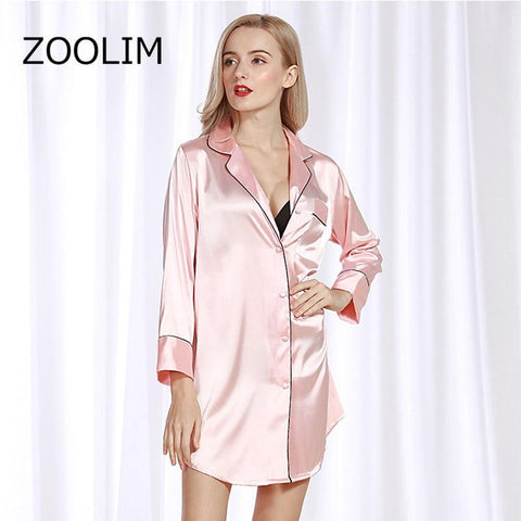 ZOOLIM Women Nightgowns Satin Sleepwear Nightshirts Long Sleeve Silk Casual Loose Night Dress Summer Home Clothing Home Dress