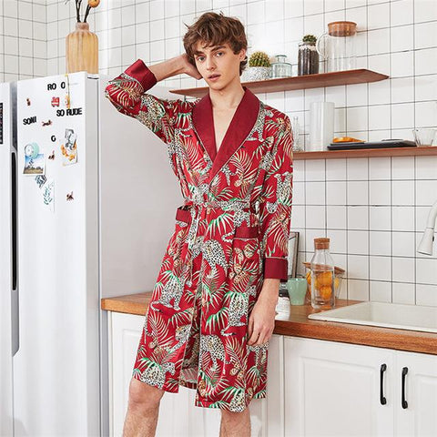 New Print Men Kimono Robe Gown Sleepwear Bathrobe Nightgown Nightwear With Belt Bridegroom Best man Wedding Robe Gown L XL XXL