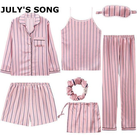 JULY'S SONG 2019 Women 7 Pieces Pajamas Sets Stain Faux Silk Pajamas Women Sleepwear Sets  Autumn Winter Tops+Shorts+Shirt+Pants