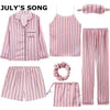 JULY'S SONG 2019 Women 7 Pieces Pajamas Sets Stain Faux Silk Pajamas Women Sleepwear Sets  Autumn Winter Tops+Shorts+Shirt+Pants