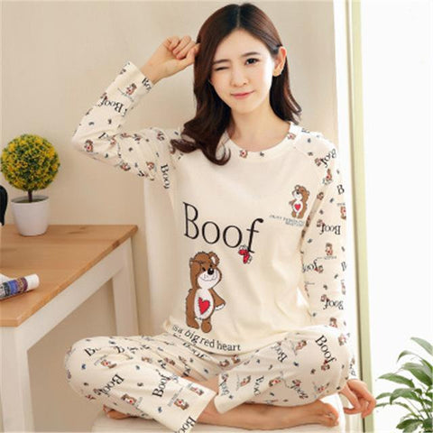 Womens Pajamas Sets Autumn Cotton Printing Lapel Top + Long Pant 2 Piece Sets Pajamas Set For Women Sleepwear Girls Pyjamas Suit