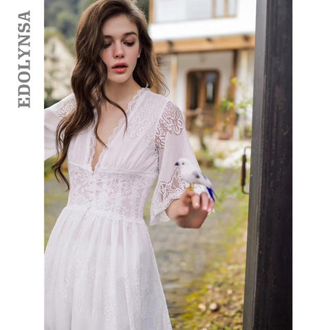 Plus Size Sleepwear Front Open Deep V Neck Sexy Lace Home Wear Night Dress Vintage Nightgown Long Sleep Shirt Nightdress T179