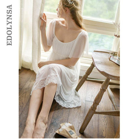 Summer Women Sleepwear Vintage Princess Nightgown Lace Butterfly Short Sleeve High Waist Night Chemise Dress Sexy Nightwear T260