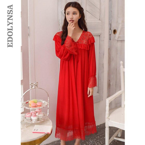 Red Satin Sleepwear 2019 Women Autumn Vintage Nightgowns Sleepshirts V Neck Flare Sleeve White Lace Night Dress For Wedding T279
