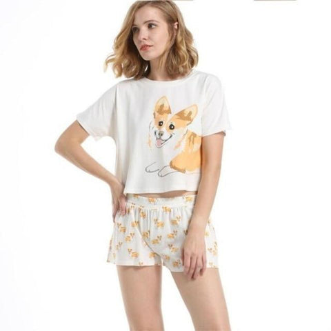 Summer Womens Pyjamas Short  Cotton Cartoon Pajamas Set Corgi Dog Print Sleepwear Pyjamas Nightwear Pijamas Size Home Clothing