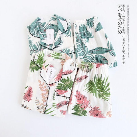 Green Palm Leaf Print Revere Collar Pajama Set Summer Casual Sleepwear Women Elastic Waist Sleepwear With Botton 2 Pieces Sets