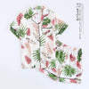 Green Palm Leaf Print Revere Collar Pajama Set Summer Casual Sleepwear Women Elastic Waist Sleepwear With Botton 2 Pieces Sets