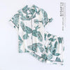 Green Palm Leaf Print Revere Collar Pajama Set Summer Casual Sleepwear Women Elastic Waist Sleepwear With Botton 2 Pieces Sets