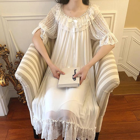 UNIKIWI Women Palace Style Dress Vintage Voile Princess Sleepshirts.Lolita Lace Nightgowns.Victorian Nightdress Lounge Sleepwear