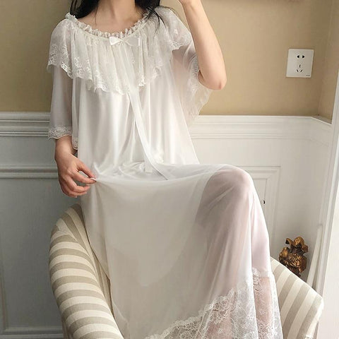 Women's Lolita Princess Sleepshirts Vintage Palace Style White Lace Mesh Nightgowns.Ruffle Victorian Nightdress Sleep Loungewear