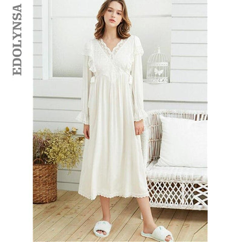 Elegant Women Autumn Clothes Home Wear Sleep Shirt Night Dress Vintage Long Cotton Nightgown Plus Size Sleepwear Nightwear T370