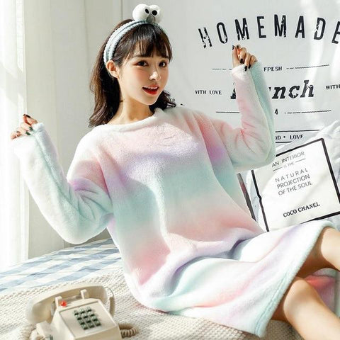 Autumn Winter Women O-Neck Nightgown Flannel Warm Sleepwear Thicken Nightdress Home Dress Lounge Nightwear Nightshirt M L XL