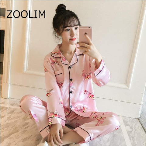 Autumn Cute Animal Parttern Satin Sleepwear Nightwear pink Panther Silk Pajamas for Women Long Sleeve Women's Pajamas with Pants