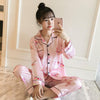 Autumn Cute Animal Parttern Satin Sleepwear Nightwear pink Panther Silk Pajamas for Women Long Sleeve Women's Pajamas with Pants
