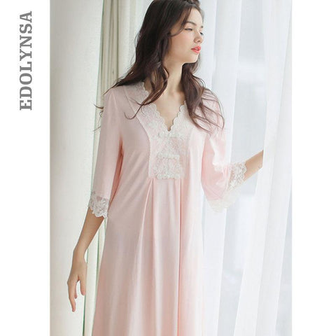 Elegant Night Dress Women Autumn Sleepwear Pink Scallop Edge V Neck Cotton Sleepdress Vintage Homewear Soft Long Nightgown T263