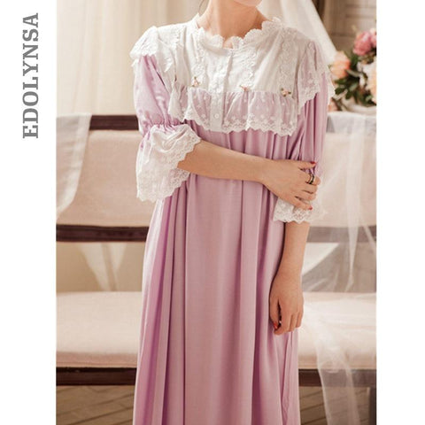 Victorian Nightgowns Sleepshirts Autumn Women Vintage Sleepwear Purple Lace Cotton Home Wear Sleeping Dress Night Clothes T284