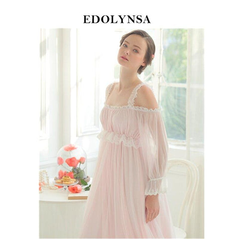Elegant Sleep & Lounge Strap Off The Shoulder Slash High Waist Long Sleeve Pink Princess Home Dress Vintage Cotton Homewear H605