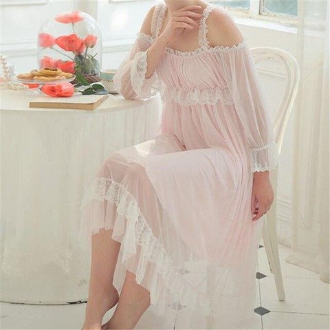Elegant Sleep & Lounge Strap Off The Shoulder Slash High Waist Long Sleeve Pink Princess Home Dress Vintage Cotton Homewear H605